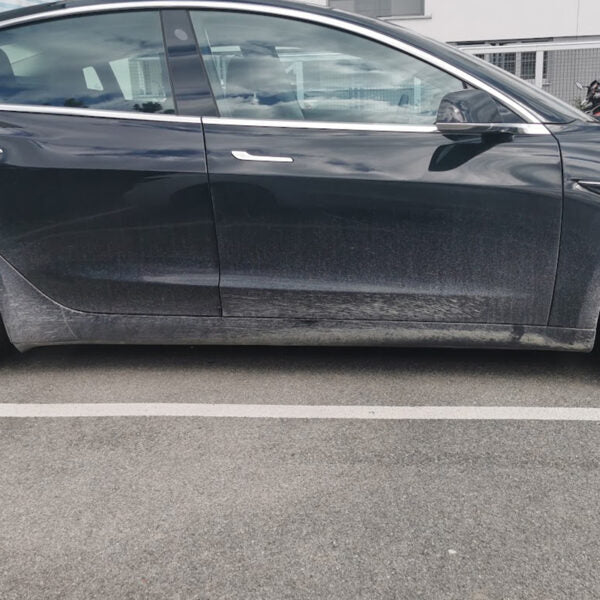Schwarzes Tesla Model 3 von der Seite