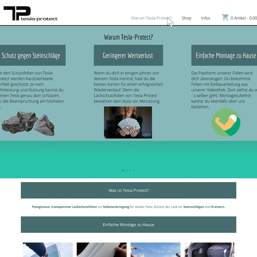 Screenshot der ersten Version des Onlineshops tesla-protect.at